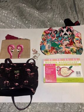 FLAMINGO BUNDLE…RHINESTONE FLAMINGO NECKLACE..JUTE SEQUINS BAG..DIP BOWL..SCARF.